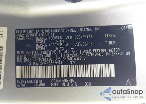 2022 Toyota Highlander Le z USA, uszkodzony, nr VIN 5TDBZRBH7NS565601